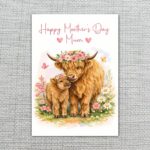 Highland Cow And Calf Happy Mothers Day Mum Floral Cow Art 5X7 Printable Digital Card