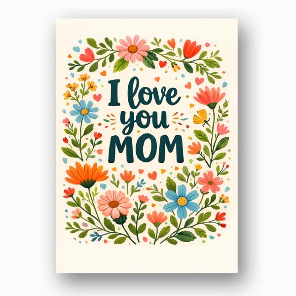 I Love You Mom Colorful Floral Wreath Typography Illustration Downloadable Sentiment Card