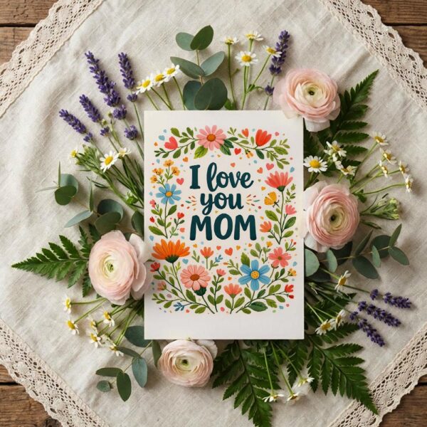 I Love You Mom Colorful Floral Wreath Typography Illustration Downloadable Sentiment Card