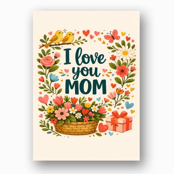 I Love You Mom Floral Basket Birds Garden Art Botanical Watercolor Digital Download