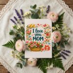 I Love You Mom Floral Basket Birds Garden Art Botanical Watercolor Digital Download
