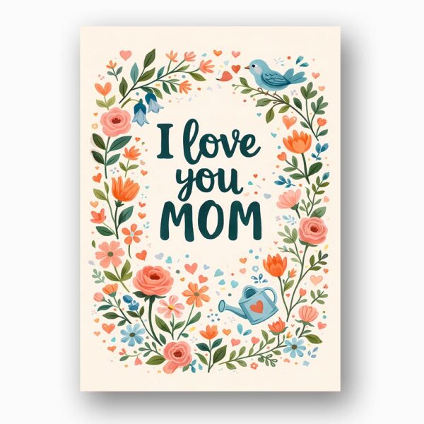 I Love You Mom Floral Wreath Blue Bird Illustration Home Print Floral Card