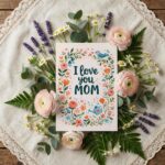 I Love You Mom Floral Wreath Blue Bird Illustration Home Print Floral Card