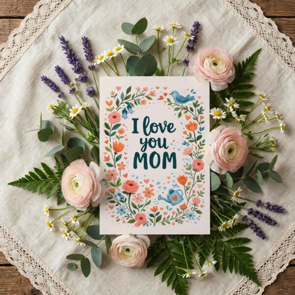 I Love You Mom Floral Wreath Blue Bird Illustration Home Print Floral Card