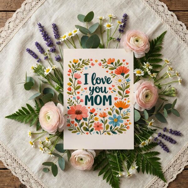I Love You Mom Floral Wreath Colorful Garden Illustration High Resolution Diy Card