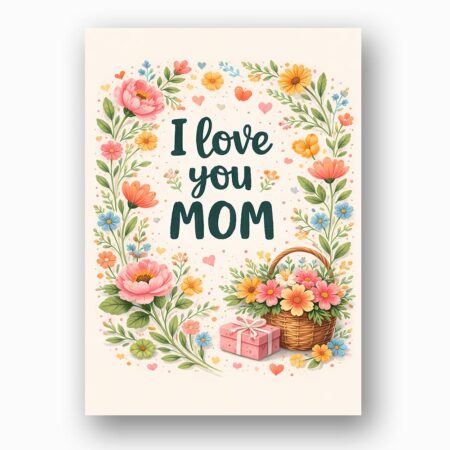 I Love You Mom Floral Wreath Gift Basket Design Digital Download Celebration Card
