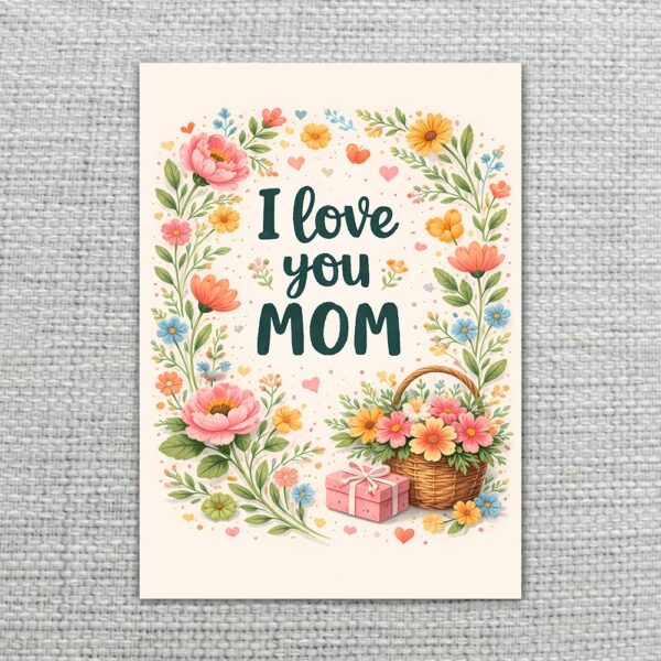I Love You Mom Floral Wreath Gift Basket Design Digital Download Celebration Card