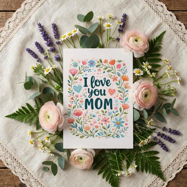 I Love You Mom Pastel Floral Wreath Heart Art Digital File For Home Printing