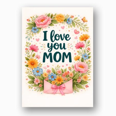 I Love You Mom Pink Floral Bouquet Typography Design Downloadable Home Print Card