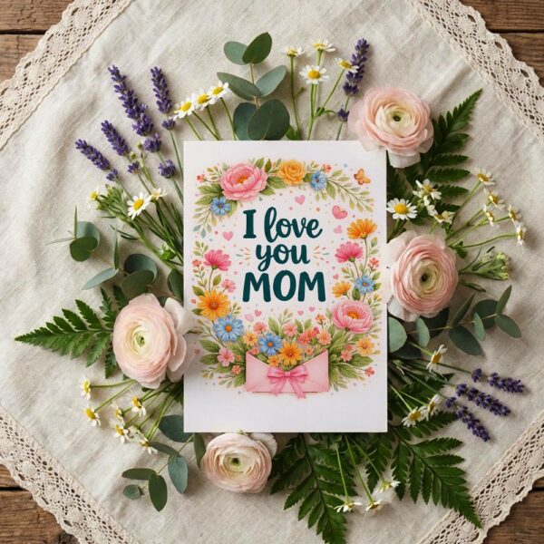 I Love You Mom Pink Floral Bouquet Typography Design Downloadable Home Print Card