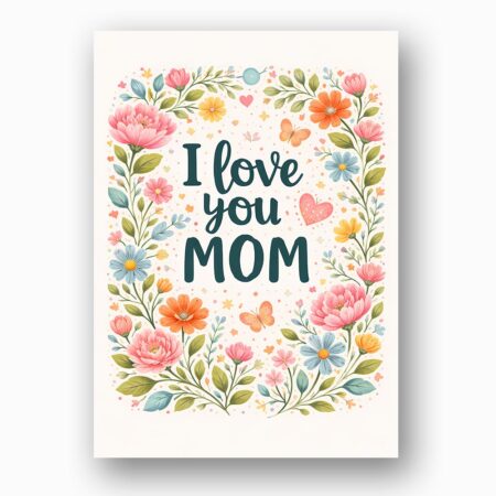 I Love You Mom Spring Floral Border Art Illustration Instant Access Greeting Card