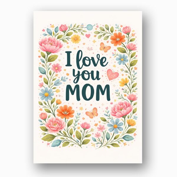 I Love You Mom Spring Floral Border Art Illustration Instant Access Greeting Card