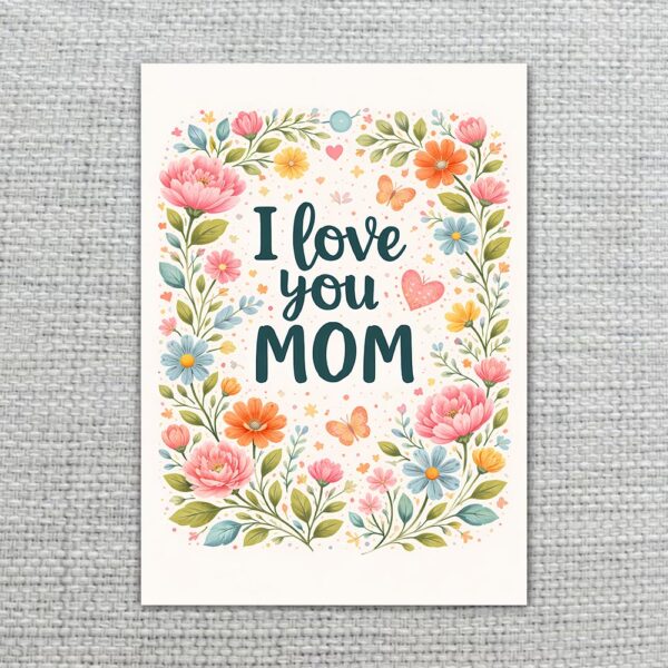 I Love You Mom Spring Floral Border Art Illustration Instant Access Greeting Card