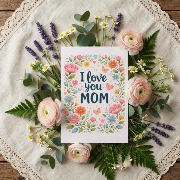I Love You Mom Spring Floral Border Art Illustration Instant Access Greeting Card