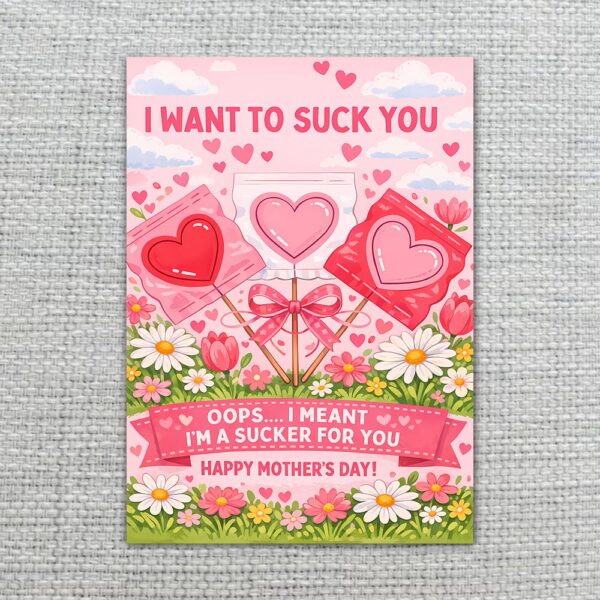 I Want To Suck You Im A Sucker For You Mothers Day Pink Heart Lollipop Floral Botanical Watercolor Printable Card