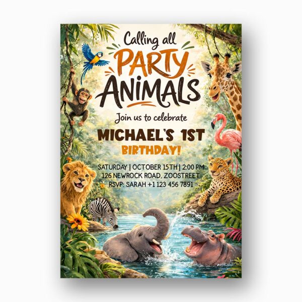 Jungle Forest River Animals Lion Hippo Giraffe Elephant Quick Download Greeting Card