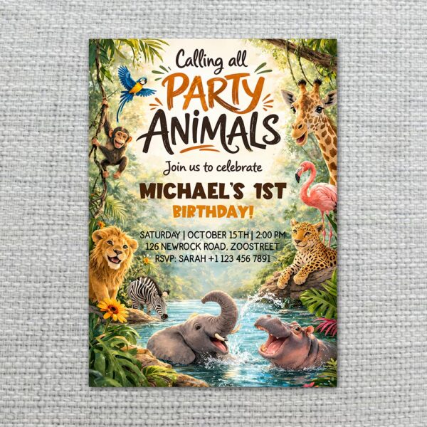 Jungle Forest River Animals Lion Hippo Giraffe Elephant Quick Download Greeting Card