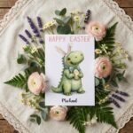 Kawaii Dino with Bunny Ears Greeting Sweet Monster Easter Printable High Res Greeting