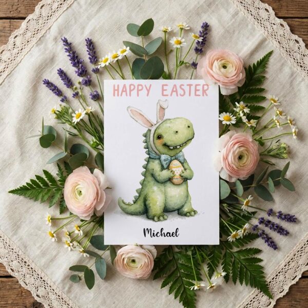 Kawaii Dino with Bunny Ears Greeting Sweet Monster Easter Printable High Res Greeting