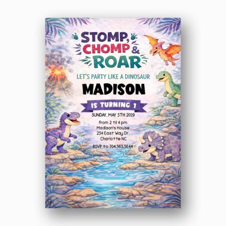 Lavender Pastel Sky Dinosaur Jungle Volcano Home Office Printable Greeting