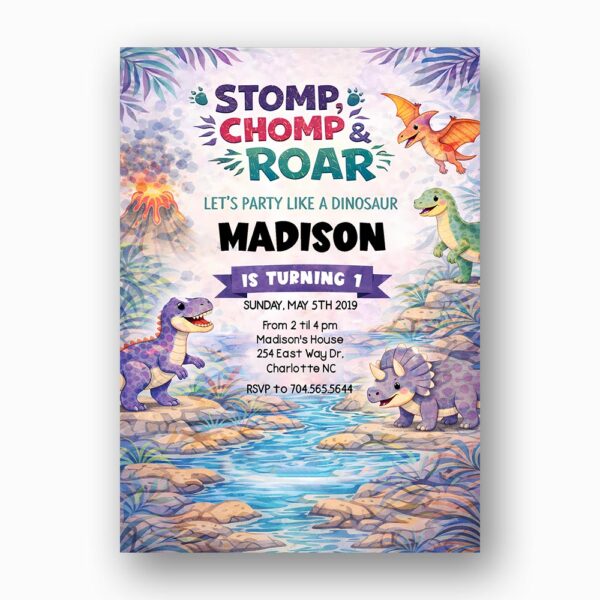 Lavender Pastel Sky Dinosaur Jungle Volcano Home Office Printable Greeting