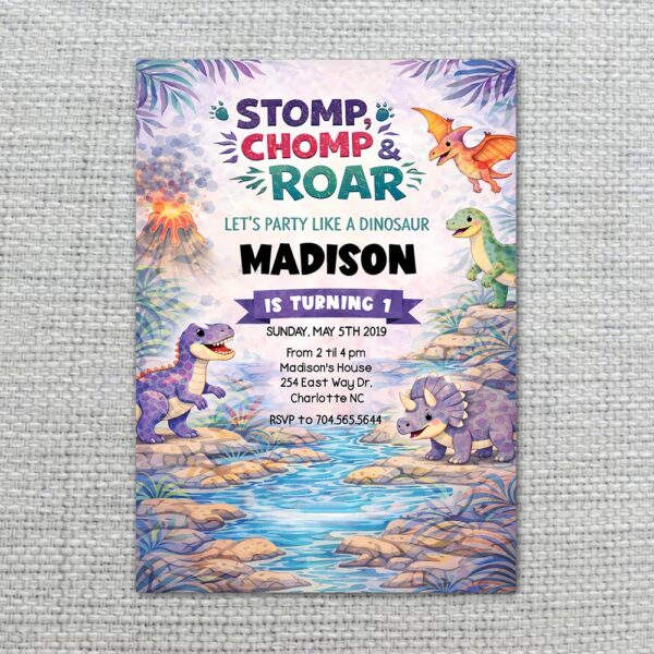 Lavender Pastel Sky Dinosaur Jungle Volcano Home Office Printable Greeting