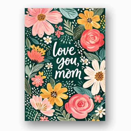 Love You Mom Dark Green Floral Rose Daisy Illustration Diy Watercolor Digital Card