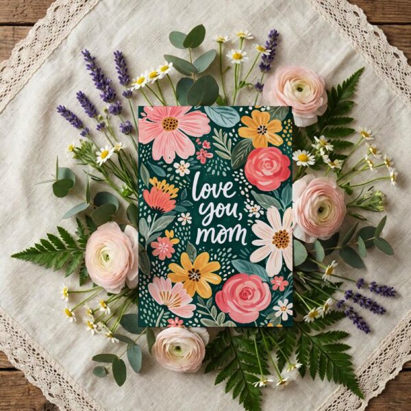 Love You Mom Dark Green Floral Rose Daisy Illustration Diy Watercolor Digital Card