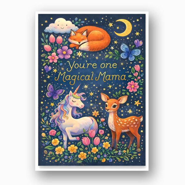 Magical Mama Fantasy Illustration Sleeping Fox Unicorn Deer Personalizable Digital Print