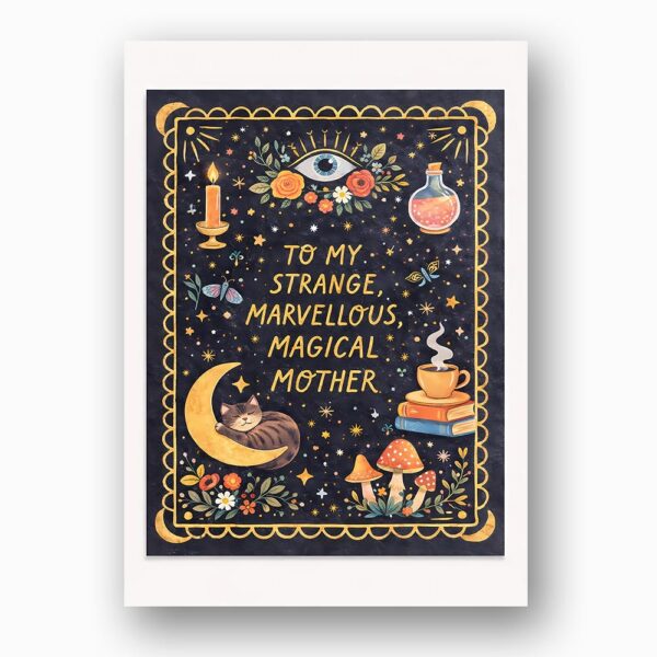 Magical Mother Celestial Art With Black Cat And Mushrooms Instant Delivery Digital Card