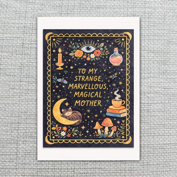 Magical Mother Celestial Art With Black Cat And Mushrooms Instant Delivery Digital Card