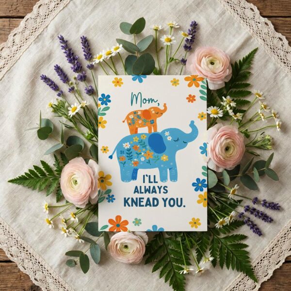 Mom I Will Always Knead You Blue Elephants Floral Customizable Watercolor Greeting