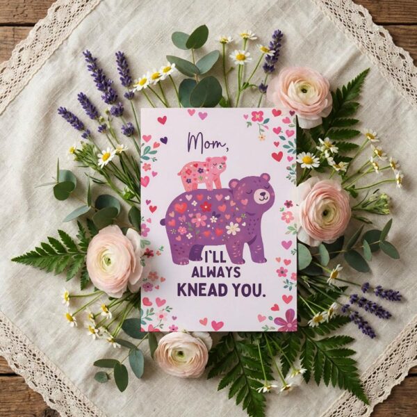 Mom I Will Always Knead You Pink Bears Floral Customizable Watercolor Greeting