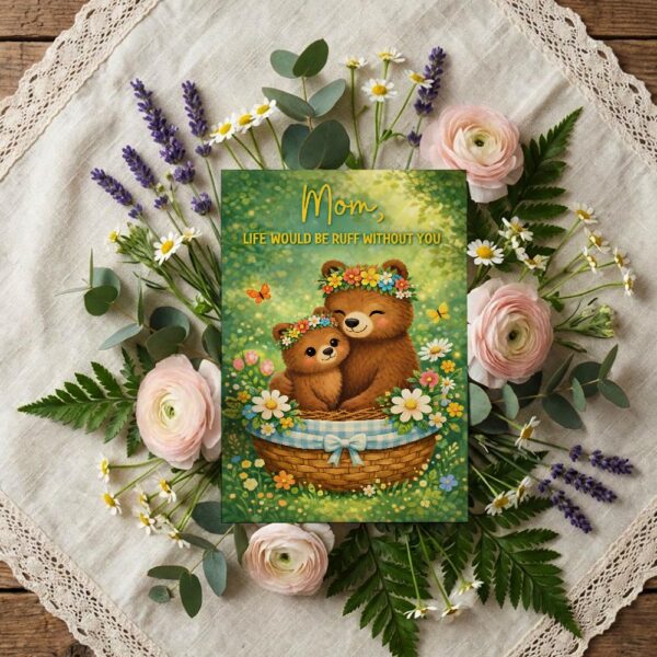 Mom Life Would Be Ruff Without You Bears Forest Flowers Basket Customizable Printable Celebration Card