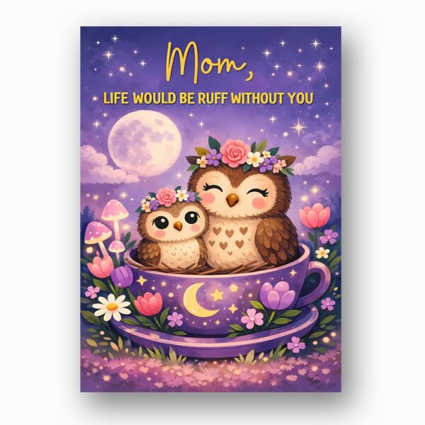 Mom Life Would Be Ruff Without You Owls Teacup Moon Purple Instant Access Greeting Card