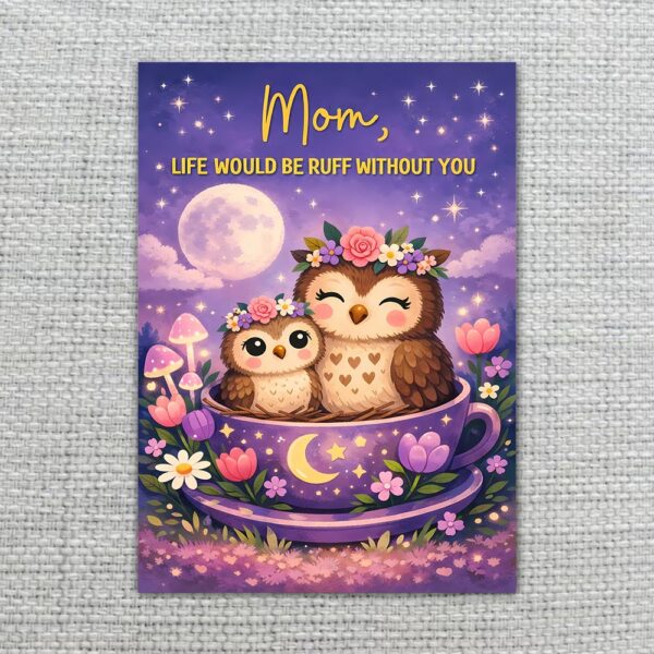 Mom Life Would Be Ruff Without You Owls Teacup Moon Purple Instant Access Greeting Card