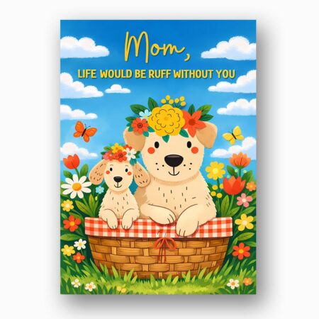 Mom Life Would Be Ruff Without You Puppies Basket Flowers Blue Sky Modern Digital Stationery Card
