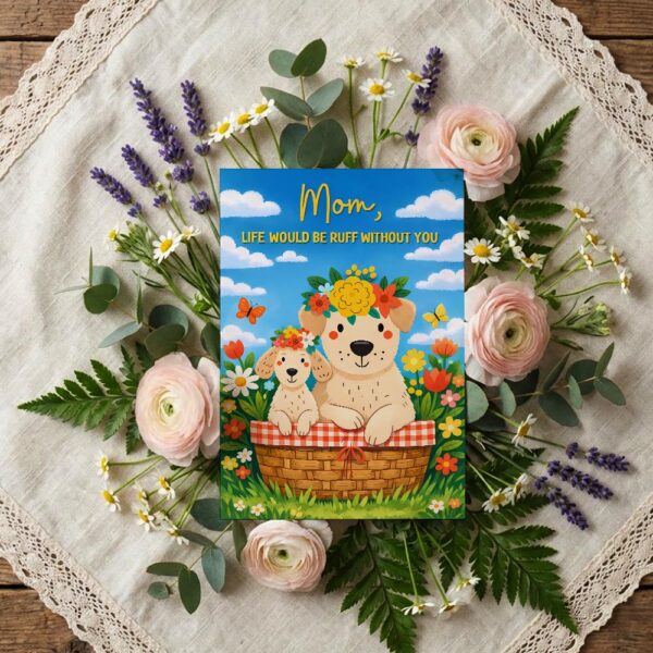 Mom Life Would Be Ruff Without You Puppies Basket Flowers Blue Sky Modern Digital Stationery Card