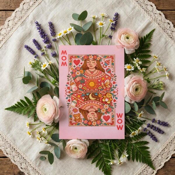 Mom Playing Card Queen Of Hearts Royal Pink Floral Illustration Editable High Quality Stationery