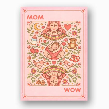 Mom Wow Playing Card Style Retro Pink Red Flower Illustration High Resolution Diy Card