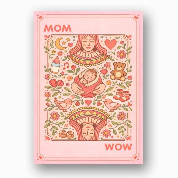 Mom Wow Playing Card Style Retro Pink Red Flower Illustration High Resolution Diy Card