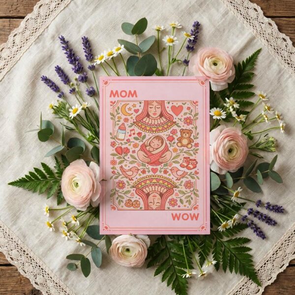 Mom Wow Playing Card Style Retro Pink Red Flower Illustration High Resolution Diy Card
