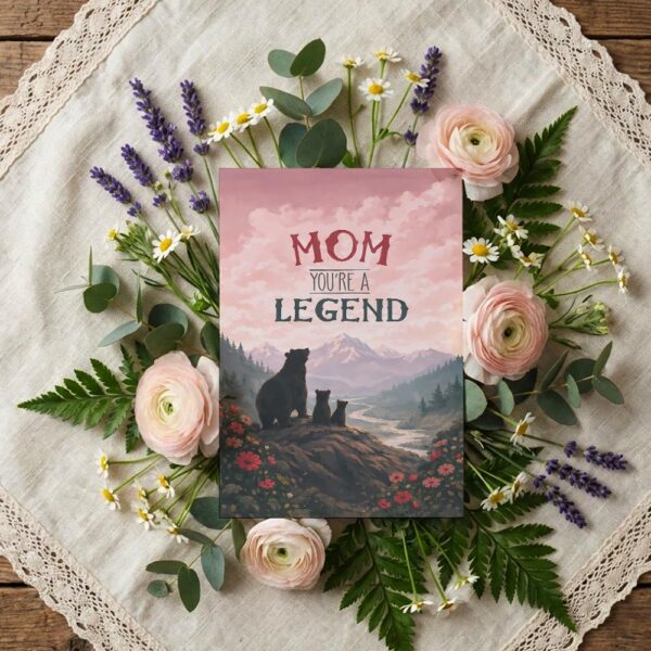 Mom You Are A Legend Bear Silhouette Mountain Landscape 5X7 Printable Digital Card