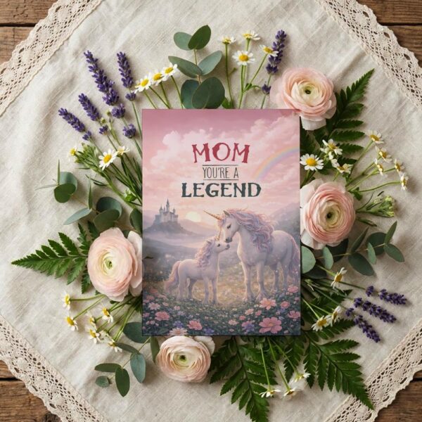 Mom You Are A Legend Unicorn Rainbow Meadow Fantasy Illustration Printable Keepsake Card