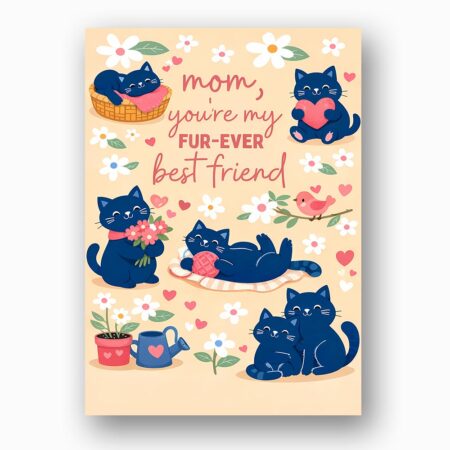 Mom You Are My Furever Best Friend Black Cats Yarn Design Botanical Watercolor Printable Card
