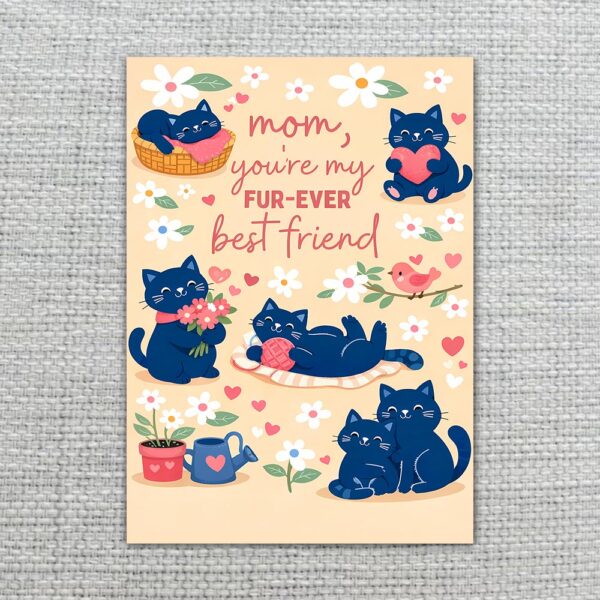 Mom You Are My Furever Best Friend Black Cats Yarn Design Botanical Watercolor Printable Card