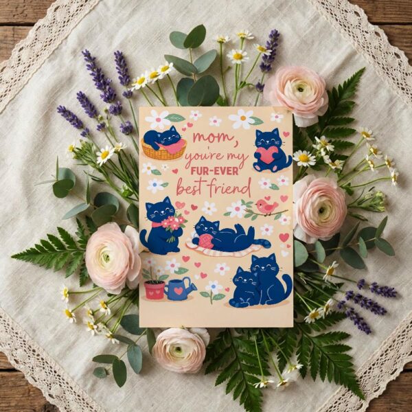 Mom You Are My Furever Best Friend Black Cats Yarn Design Botanical Watercolor Printable Card