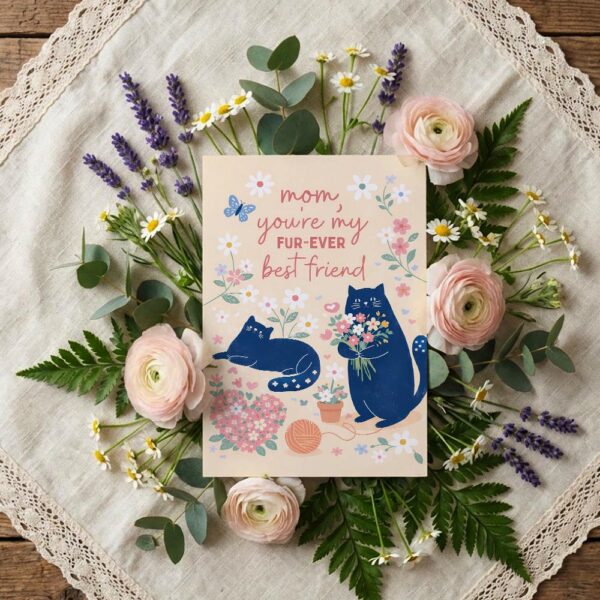 Mom You Are My Furever Best Friend Blue Cat Floral Diy Celebration Card Download