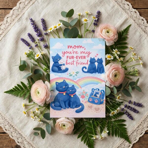 Mom You Are My Furever Best Friend Blue Cats Rainbow Sky Quick Download Greeting Card