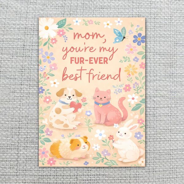 Mom You Are My Furever Best Friend Puppies Cat Bunny Floral Downloadable Home Print Card